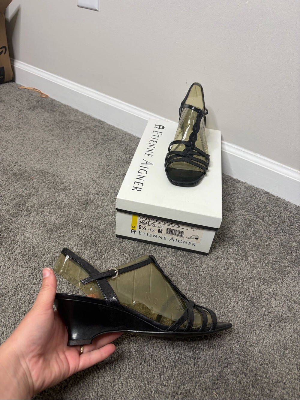 Etienne Aigner Black Patent Strappy Wedge Sandals